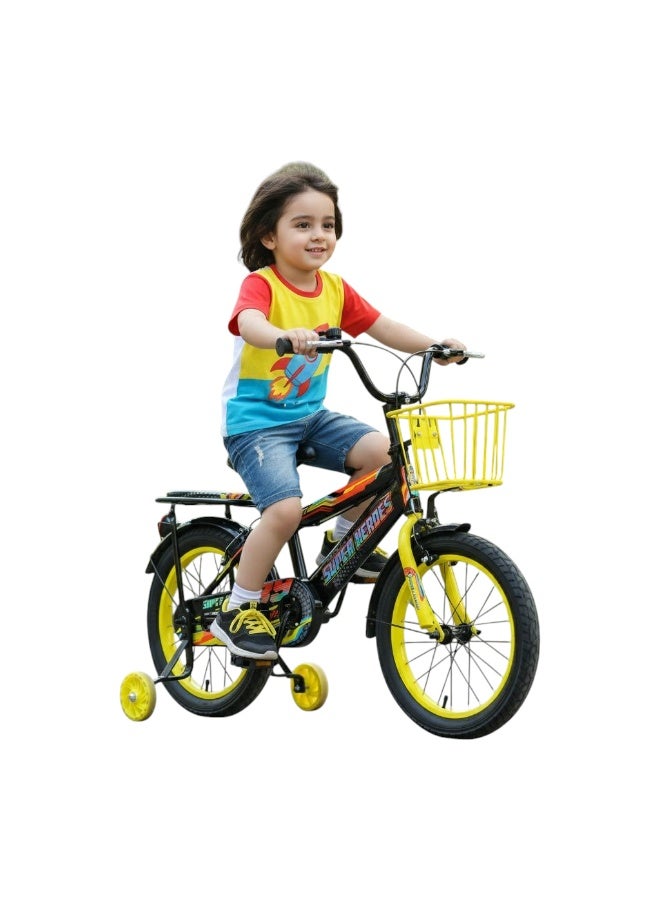 Super Hero 16-Inch Kids Bicycle – Yellow | Steel Frame, Training Wheels, Safety Brakes, Basket & Rear Carrier | Abo ElGoukh & Maxlerz® Warranty | For Boys & Girls (4–7 Years) - Image 2